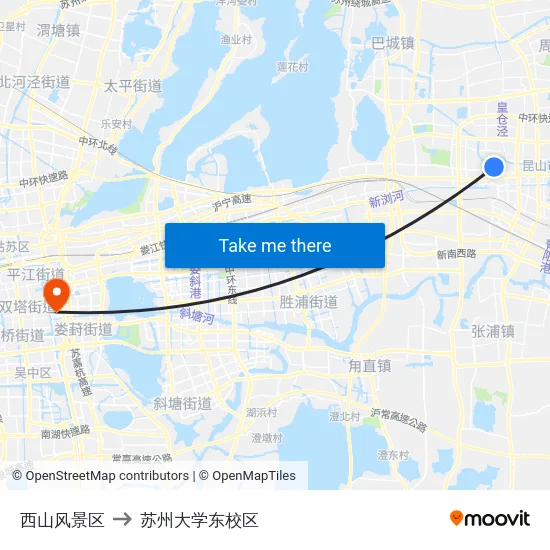 西山风景区 to 苏州大学东校区 map