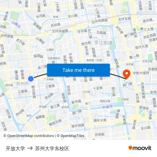 开放大学 to 苏州大学东校区 map