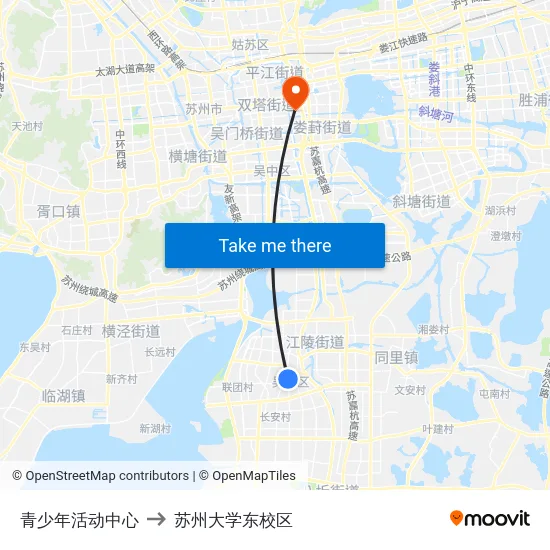 青少年活动中心 to 苏州大学东校区 map
