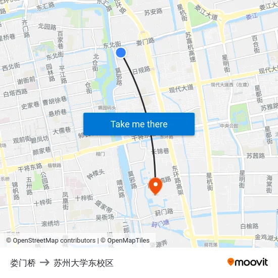 娄门桥 to 苏州大学东校区 map
