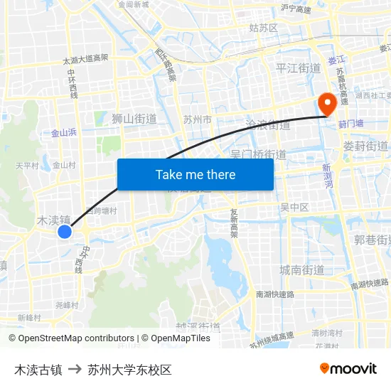 木渎古镇 to 苏州大学东校区 map