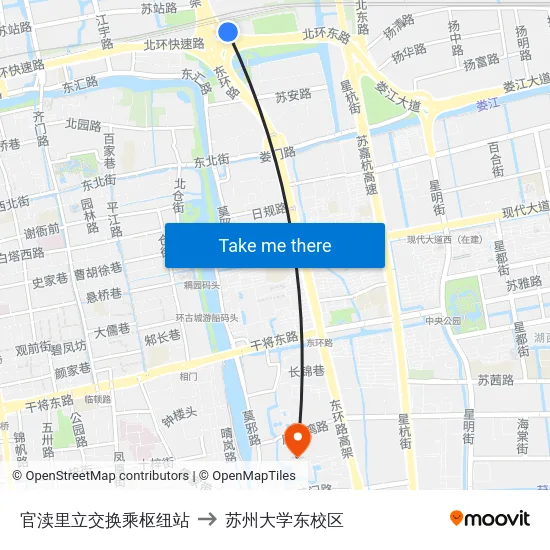 官渎里立交换乘枢纽站 to 苏州大学东校区 map