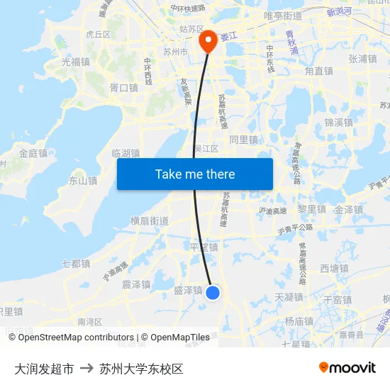 大润发超市 to 苏州大学东校区 map