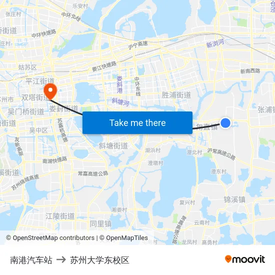 南港汽车站 to 苏州大学东校区 map
