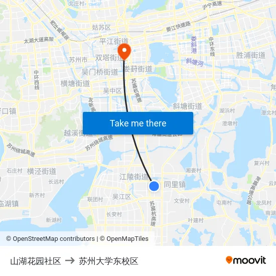 山湖花园社区 to 苏州大学东校区 map