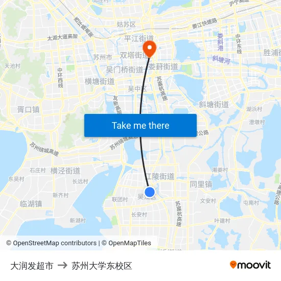 大润发超市 to 苏州大学东校区 map