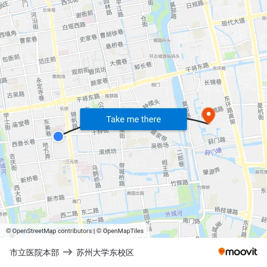 市立医院本部 to 苏州大学东校区 map