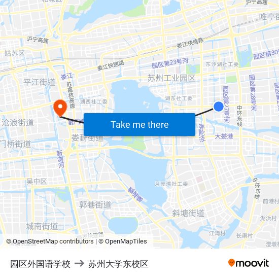 园区外国语学校 to 苏州大学东校区 map
