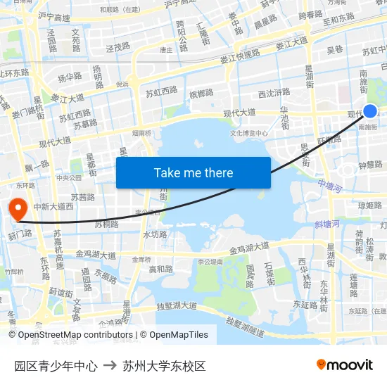 园区青少年中心 to 苏州大学东校区 map