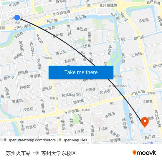 苏州火车站 to 苏州大学东校区 map