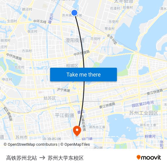 高铁苏州北站 to 苏州大学东校区 map
