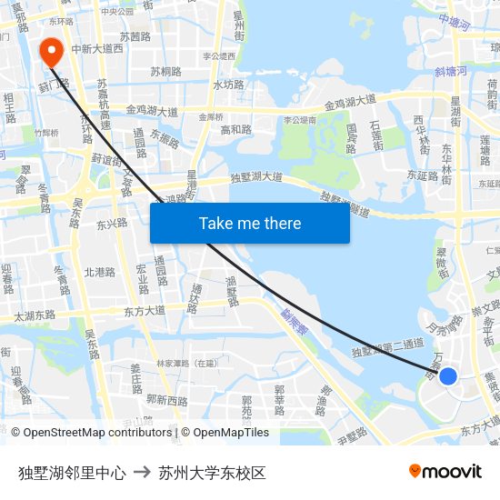独墅湖邻里中心 to 苏州大学东校区 map