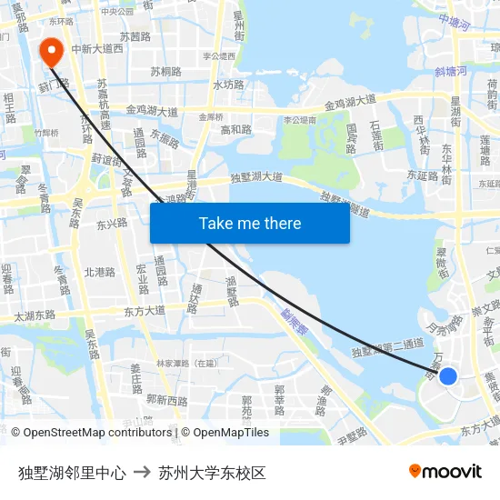 独墅湖邻里中心 to 苏州大学东校区 map