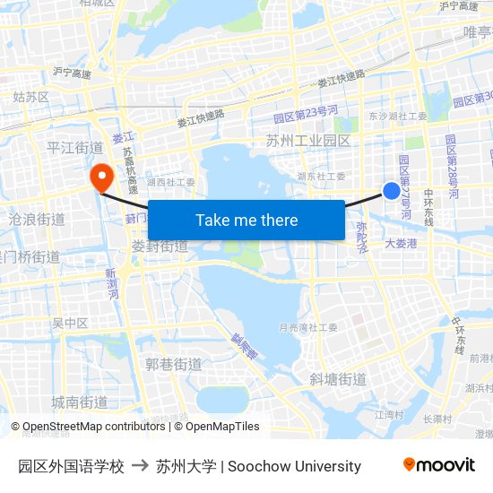 园区外国语学校 to 苏州大学 | Soochow University map
