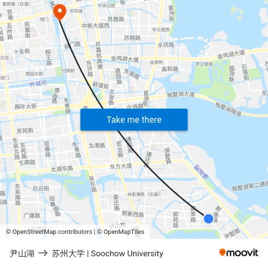 尹山湖 to 苏州大学 | Soochow University map
