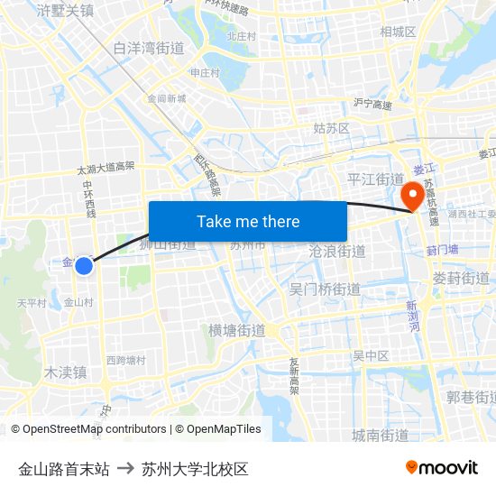 金山路首末站 to 苏州大学北校区 map