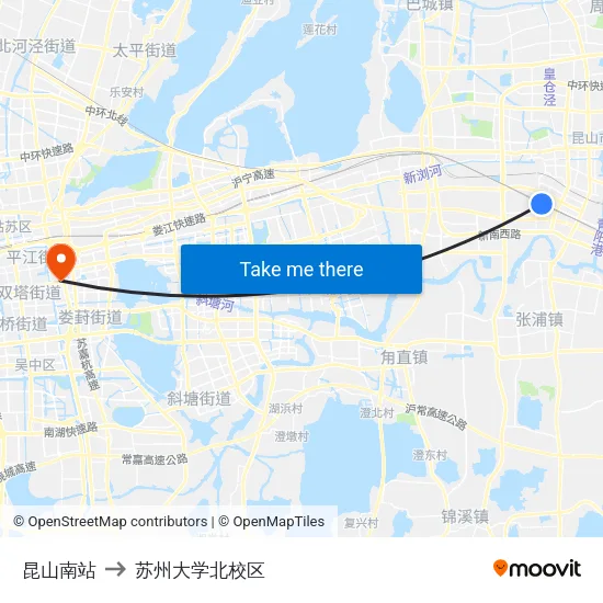 昆山南站 to 苏州大学北校区 map