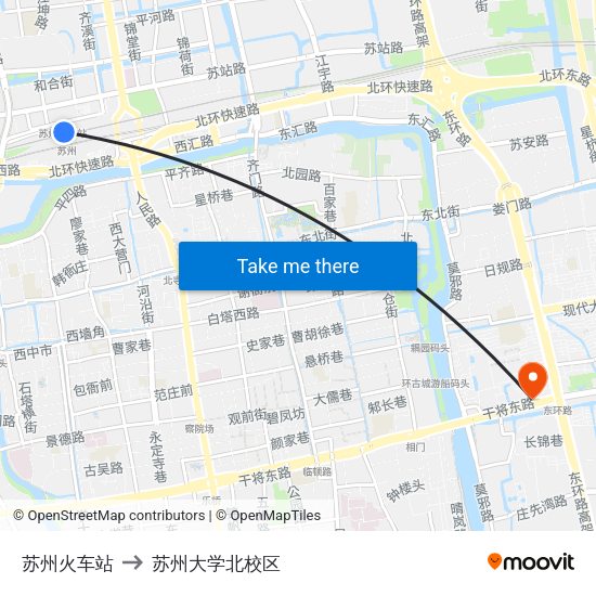 苏州火车站 to 苏州大学北校区 map