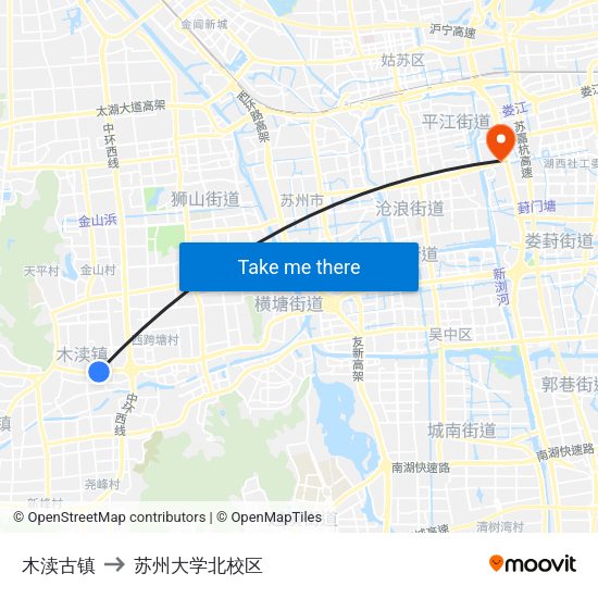 木渎古镇 to 苏州大学北校区 map