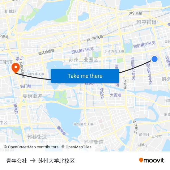 青年公社 to 苏州大学北校区 map