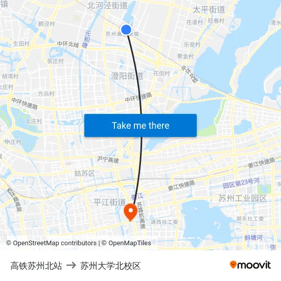 高铁苏州北站 to 苏州大学北校区 map