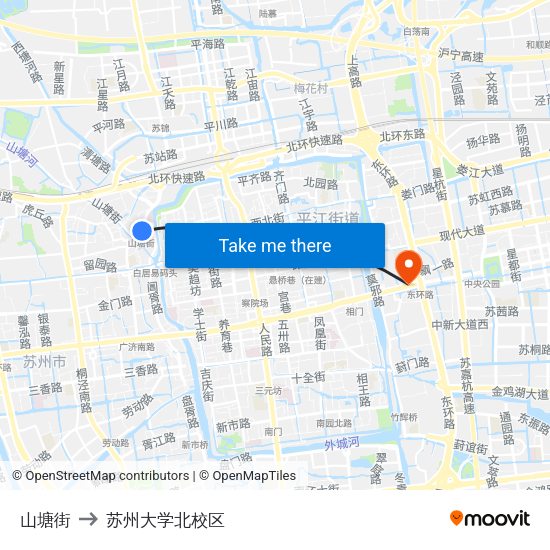 山塘街 to 苏州大学北校区 map