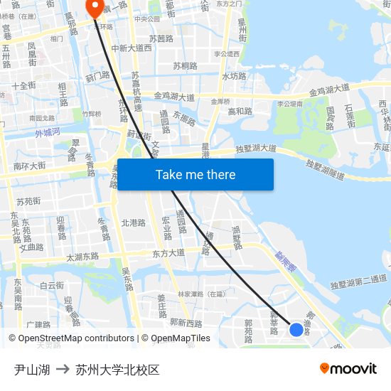 尹山湖 to 苏州大学北校区 map