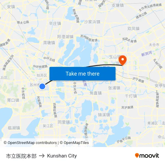 市立医院本部 to Kunshan City map