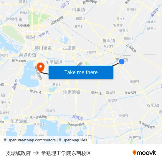 支塘镇政府 to 常熟理工学院东南校区 map