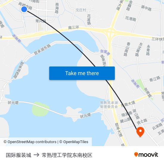 国际服装城 to 常熟理工学院东南校区 map