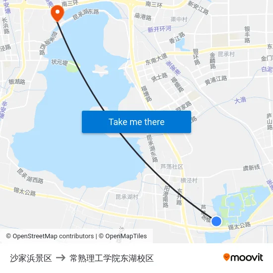 沙家浜景区 to 常熟理工学院东湖校区 map