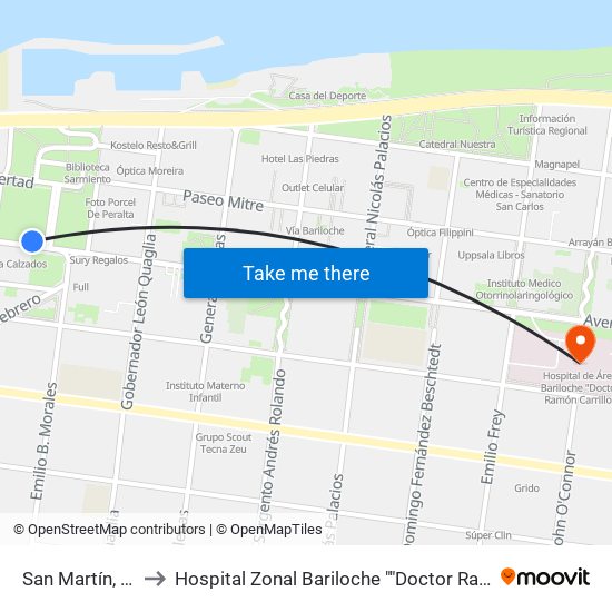 San Martín, 19-99 to Hospital Zonal Bariloche ""Doctor Ramón Carrillo"" map