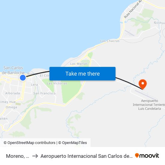 Moreno, 782 to Aeropuerto Internacional San Carlos de Bariloche map
