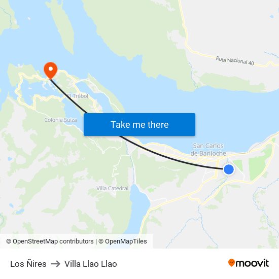 Los Ñires to Villa Llao Llao map