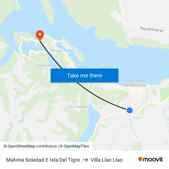 Malvina Soledad E Isla Del Tigre to Villa Llao Llao map