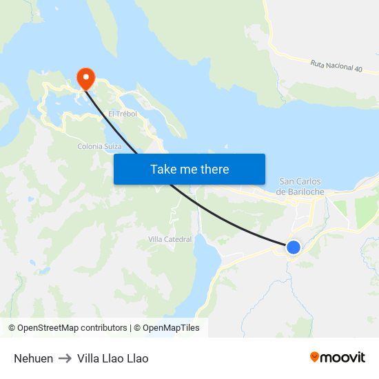 Nehuen to Villa Llao Llao map