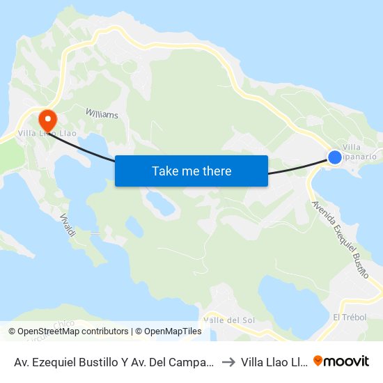Av. Ezequiel Bustillo Y Av. Del Campanario to Villa Llao Llao map