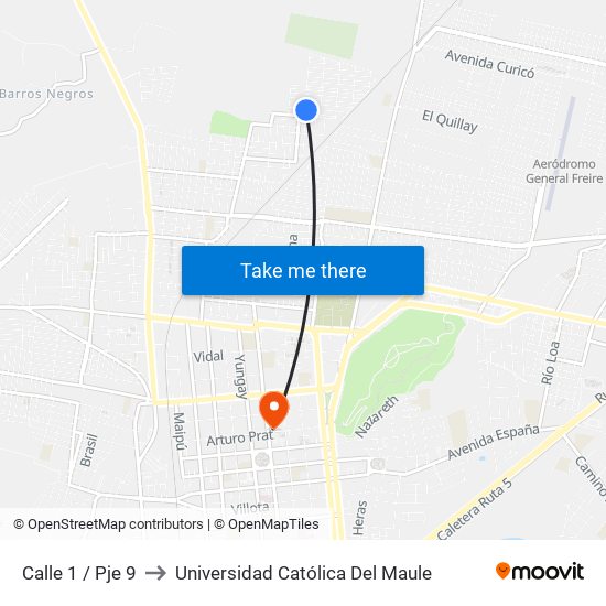 Calle 1 / Pje 9 to Universidad Católica Del Maule map