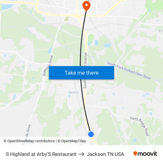 S Highland at Arby’S Restaurant to Jackson TN USA map