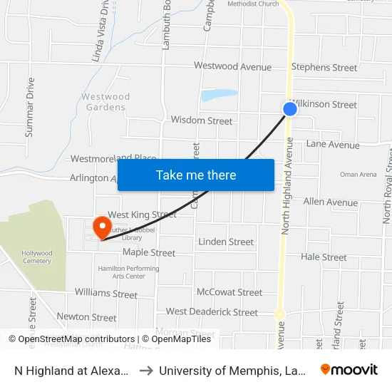 N Highland at Alexander School to University of Memphis, Lambuth Campus map