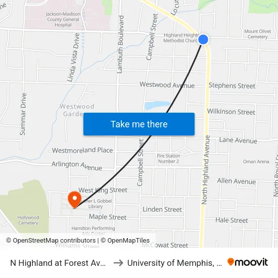 N Highland at Forest Avenue (Northbound) to University of Memphis, Lambuth Campus map
