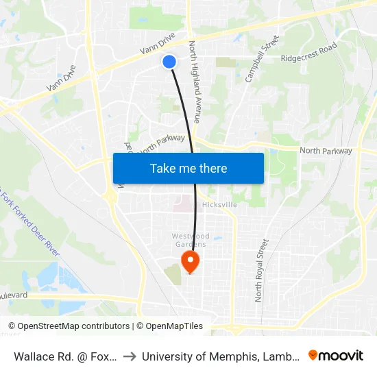 Wallace Rd. @ Foxboro Cv. to University of Memphis, Lambuth Campus map