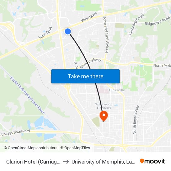 Clarion Hotel (Carriage House Dr.) to University of Memphis, Lambuth Campus map
