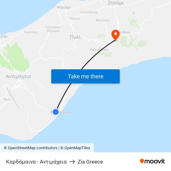 Καρδάμαινα - Αντιμάχεια to Zia Greece map