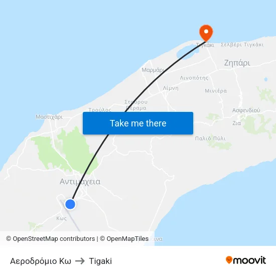 Kos Airport to Tigaki map