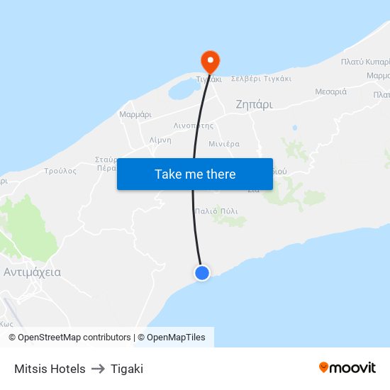 Mitsis Hotels to Tigaki map