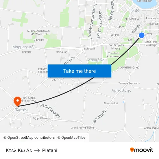 KTEL Kos SA to Platani map
