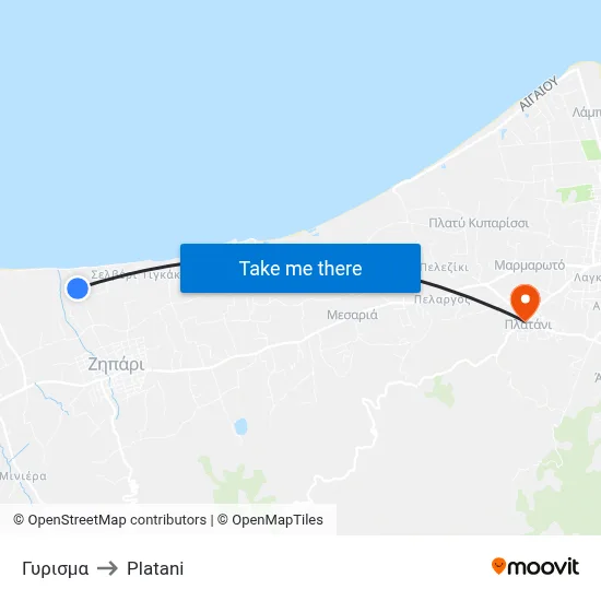 Gyrisma to Platani map