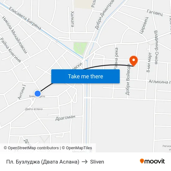 Пл. Бузлуджа (Двата Аслана) to Sliven map