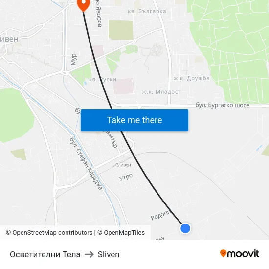 Осветителни Тела to Sliven map